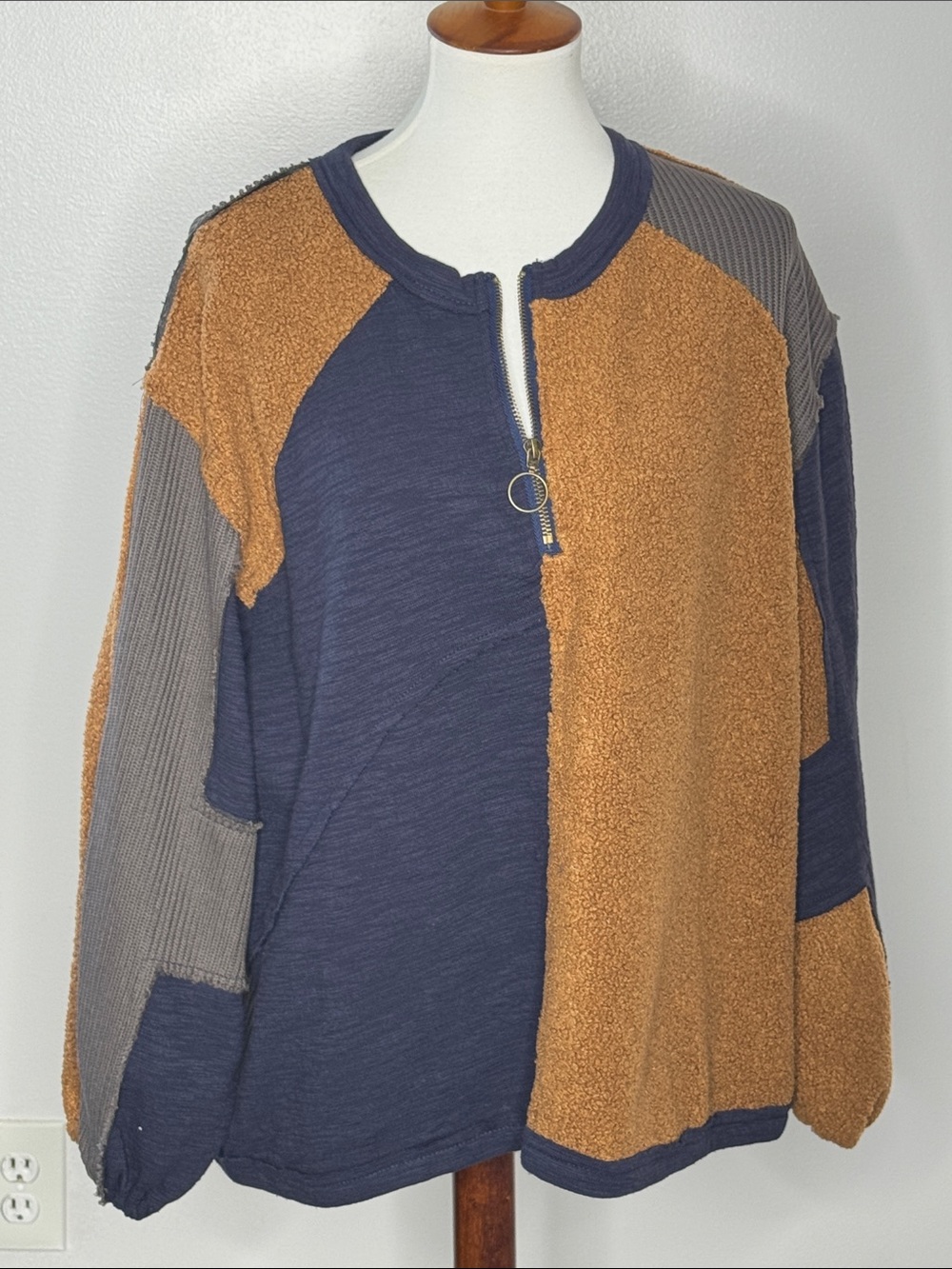 POL Navy, Camel & Gray Patchwork Zip-Pullover